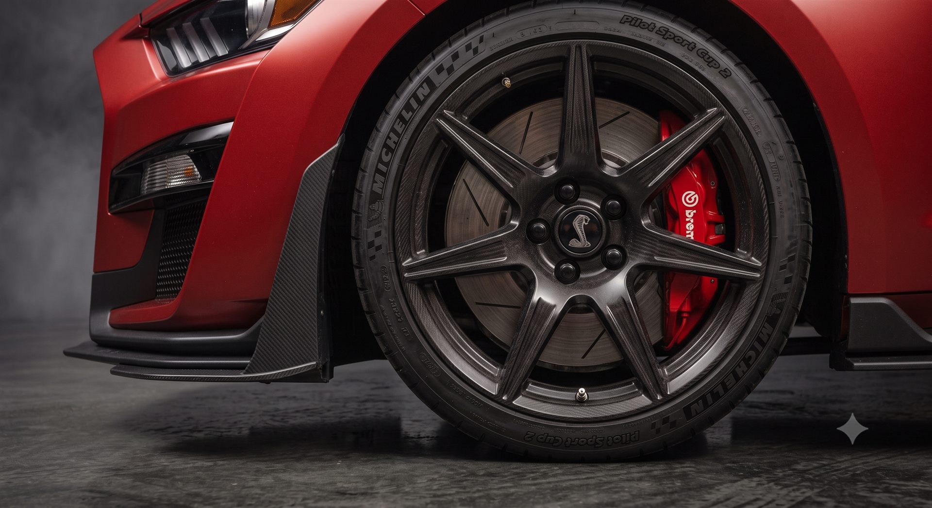 Carbon fiber wheel and red Brembo caliper detailed to perfection
